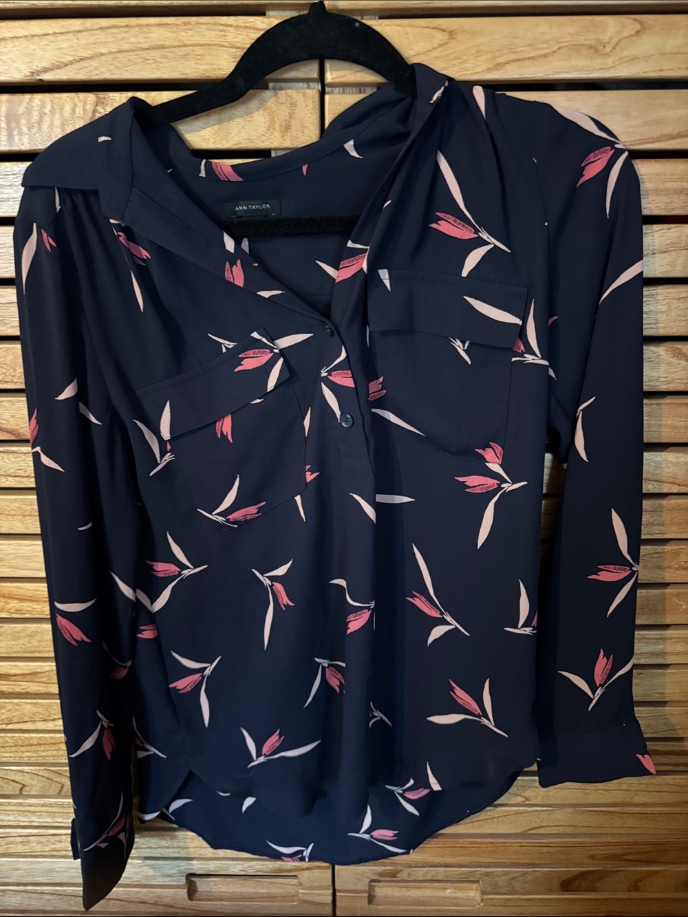 Ann Taylor Navy Blouse with Pink Floral Motif